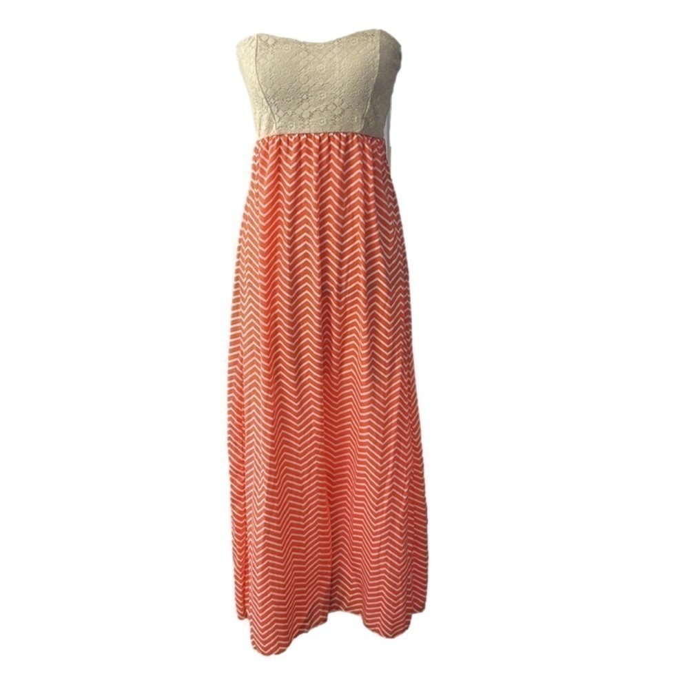 NWT, NO BOUNDARIES, Coral, White, Chevron, Strapless, Lace, Dress, Size 7/9